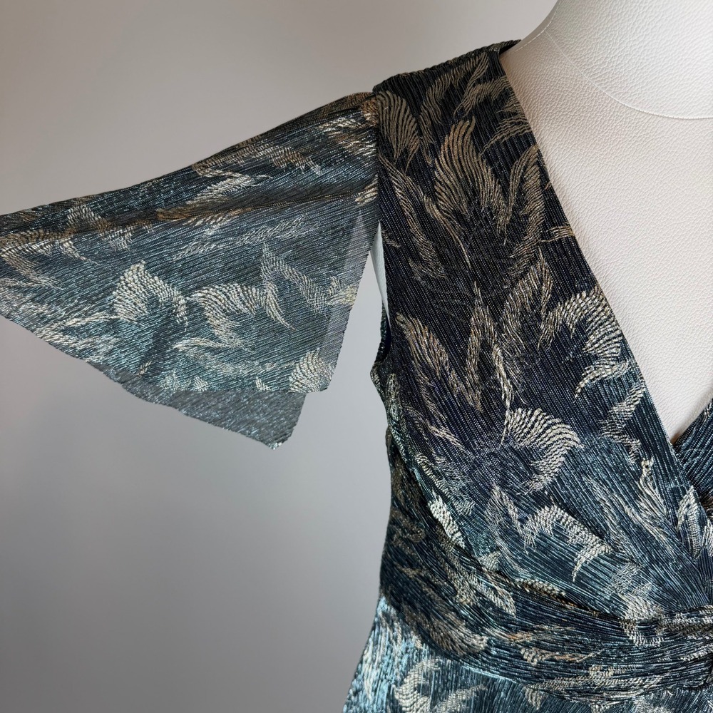 NWT R&M Richards Blue Gold Leaf Metallic Pleated Flutter Sleeve Dress Gown Sz 6 - Picture 6 of 14